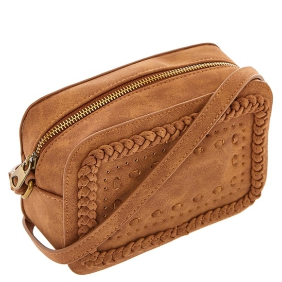 Icing Handbags - NWT Braided Cognac Crossbody Camera Bag
